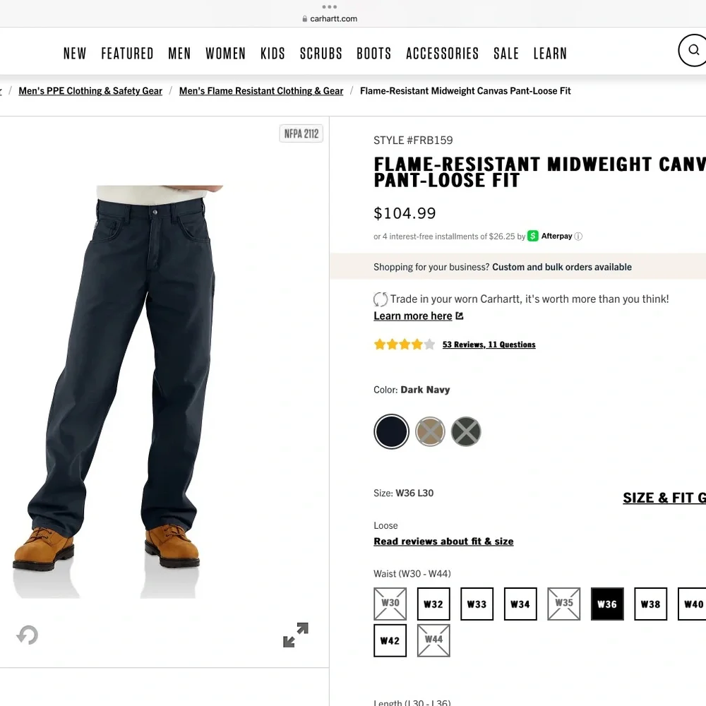 CARHARTT FLAME-RESISTANT MIDWEIGHT NAVY CANVAS PANT-LOOSE FIT 36 X 30